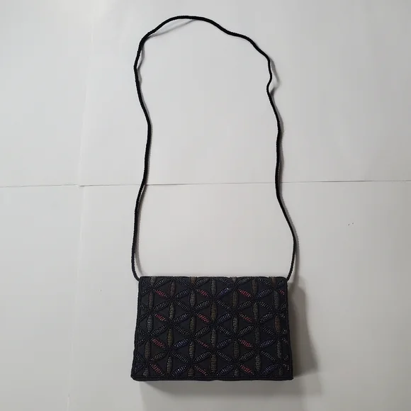 Beaded Geometric Pattern Dressy Purse Evening Bag Black and Jewel Tones. - Picture 2 of 10